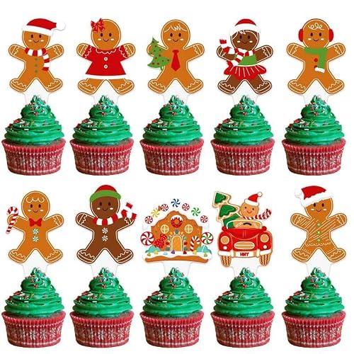 Christmas Cupcake Toppers 48PCS Gingerbread Theme Party Decorations Santa Hat Gingerbread Man Cupcake Picks Xmas Gingerbread Cake Decorations for Winter Holiday Party Favor Supplies