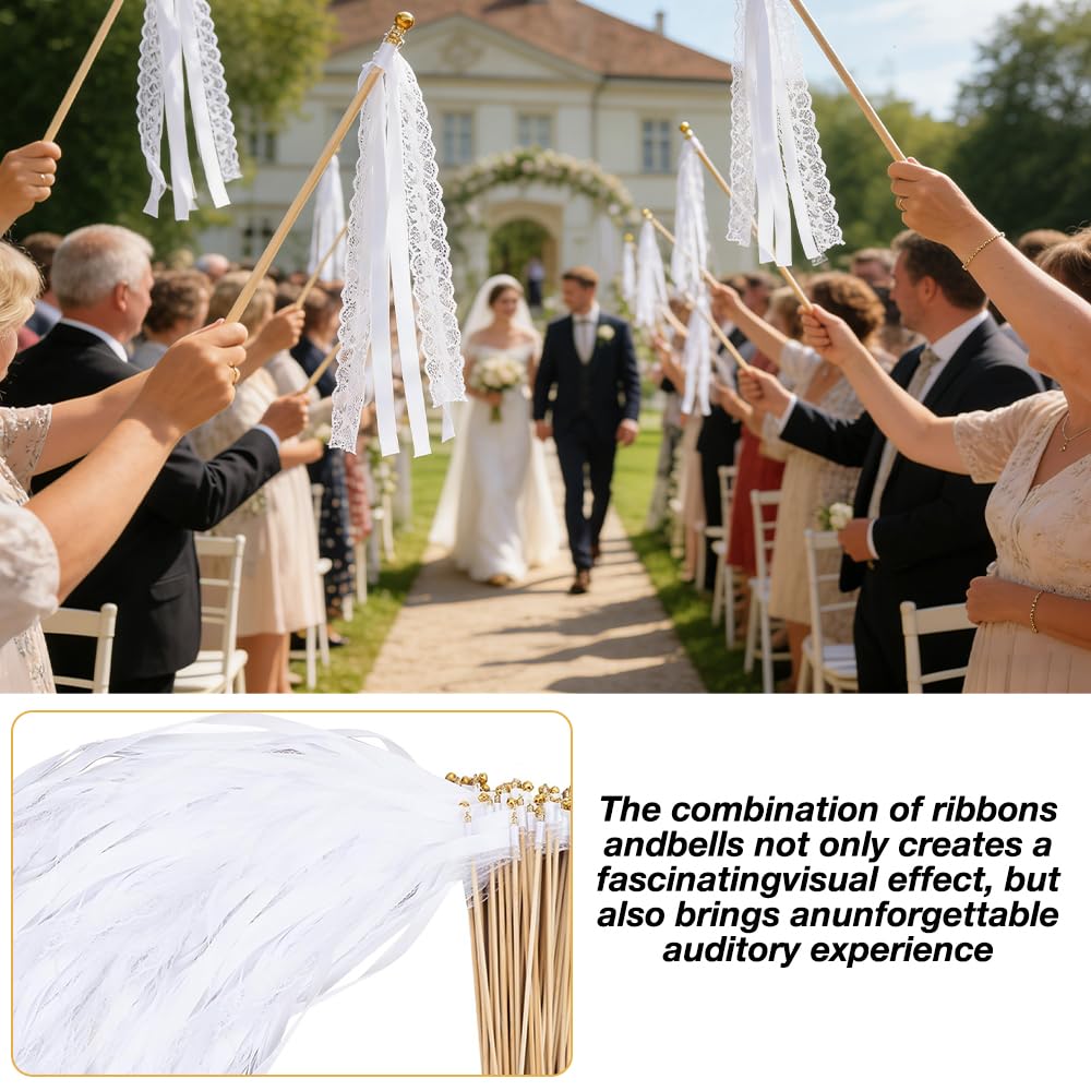 50 Pezzi Bacchette Matrimonio, Bacchette per Matrimonio con Grandi Campanelle e Nastri | Bacchettes Bianche per Nozze in Seta per Matrimoni, Compleanni e Festività
