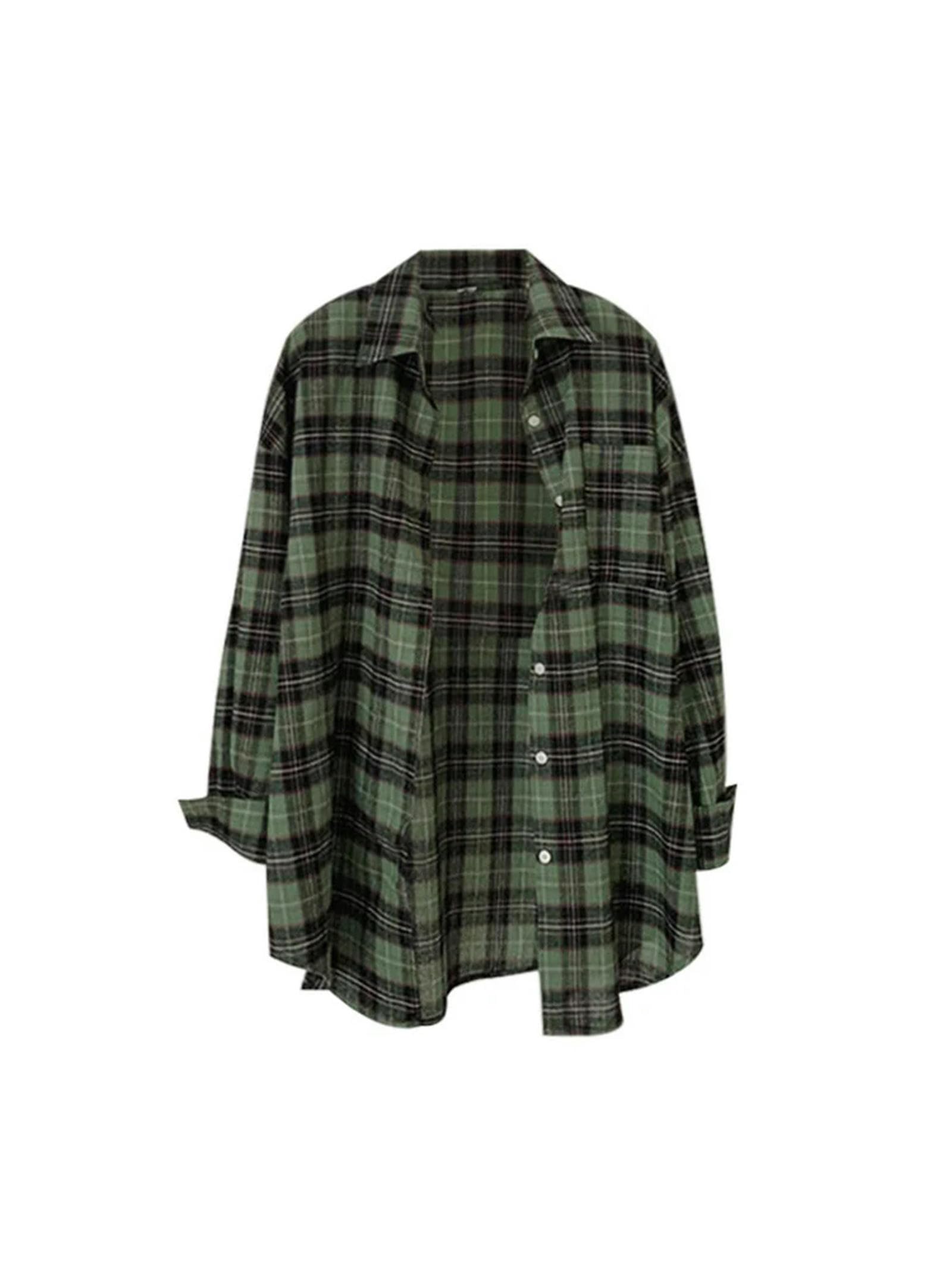 Camicia Ampia da Donna con Design Scozzese Classico retrò, Colletto rovesciato, Camicette da Donna a Maniche Lunghe, Primavera Estate, Vintage Oversize, Chic-Verde-M