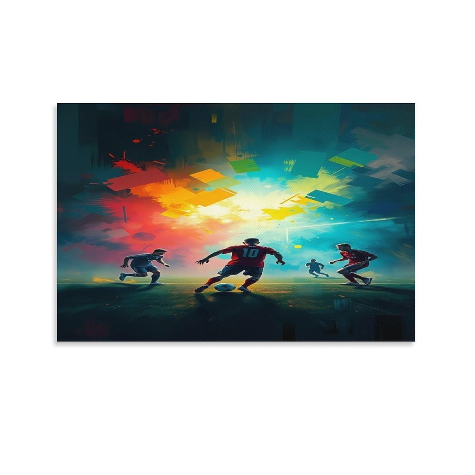 CPLVKWRQJ SoccerActionDrama 1 Piece Soccer Players Silhouettes Vibrant Burst Sky Canvas Wall Hanging - Living Room Gallery Wall Focal Point Fade Resistant Decor 16x24inch(40x60cm)