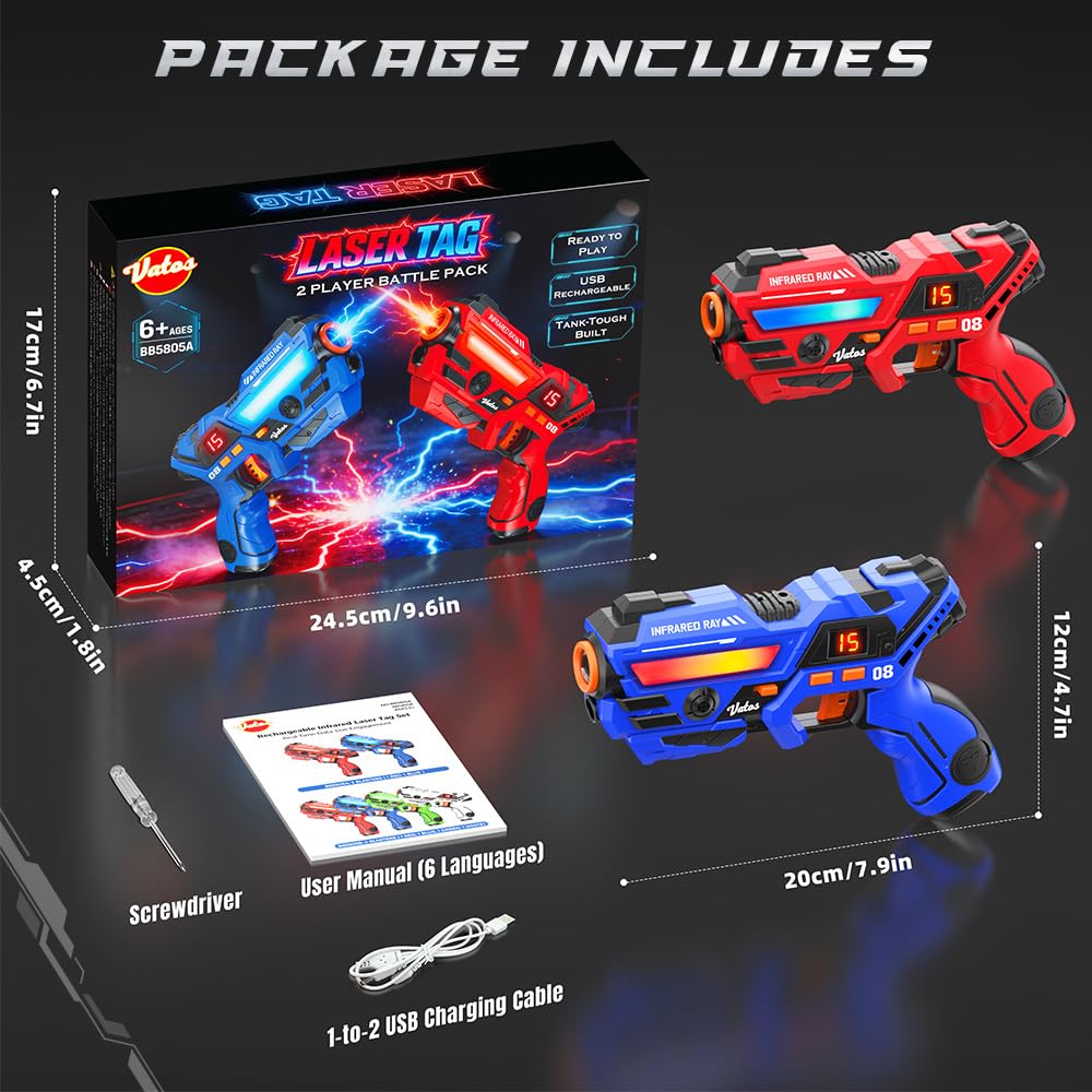 VATOS Set Laser Tag Ricaricabile 2 Pezzi, Giocattoli Pistola Laser con Schermo LED, Raggio 40 m per Interni ed Esterni - Gioco per Ragazzi e Famiglia, Regalo di Compleanno e Vacanza per Bambini 6+