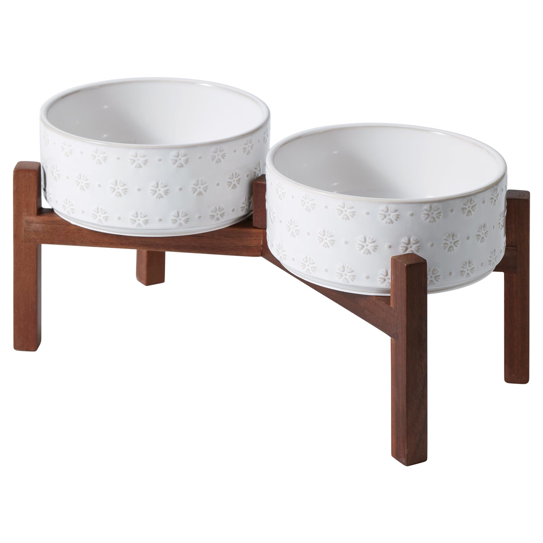 7.3inch ceramic raised double bowls set with acacia wood stand, food & water bowls for medium breed dogs, weighted dog dishes, pet bowl(41oz, arctic white)