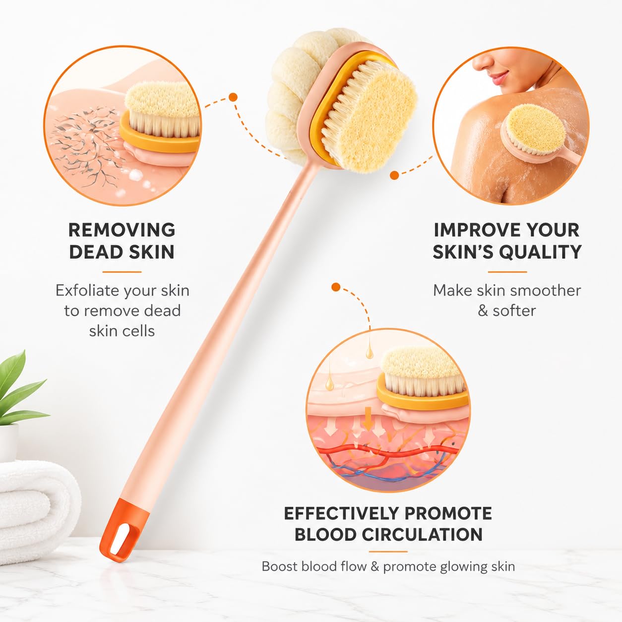 STOFFIER GARTEN 2-in-1 Body Bath Brush for Shower with Long Handle, Soft Bristles & Loofah Back Scrubber for Men & Women, Exfoliating Massage Brush for Deep Cleansing, Dead Skin Removal & Smooth Glowing Skin 1