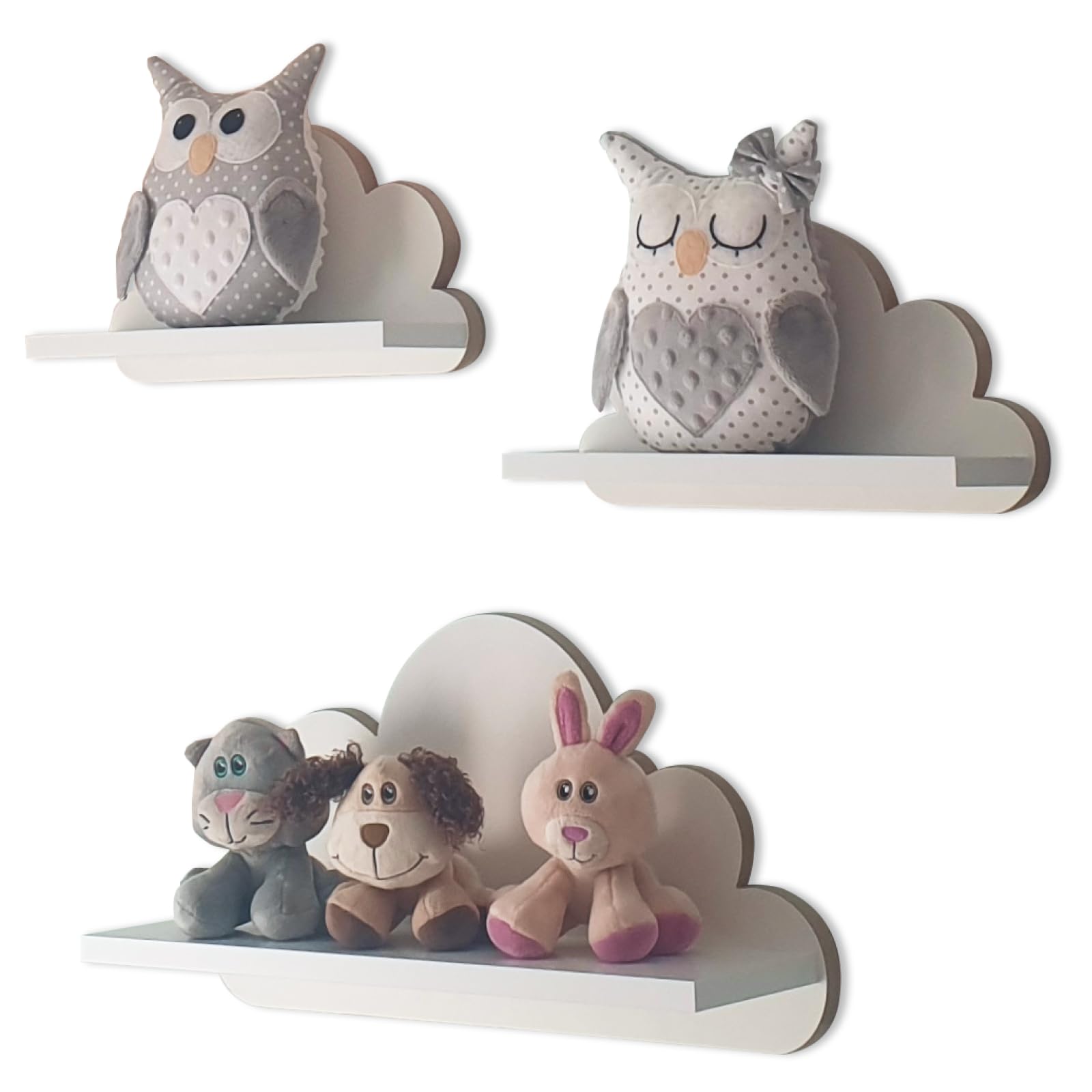 MOLILAND 3er Set Wandregal Kinderzimmer Weiß | Babyzimmer Wolkenregal für Bücher, Spielzeug, Dekoration | Regal Wolke aus Holz | Skandinavischen Stil | Schweberegal Wanddeko Ibiza- Elegance