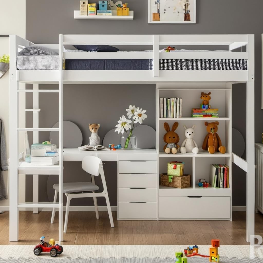 Full Size Loft Bed with Desk & Storage Shelves & Storage Drawers for Kids,Teens,Adults,High Loft Bed with Built-in Ladder & Guardrails,Space Saving,White