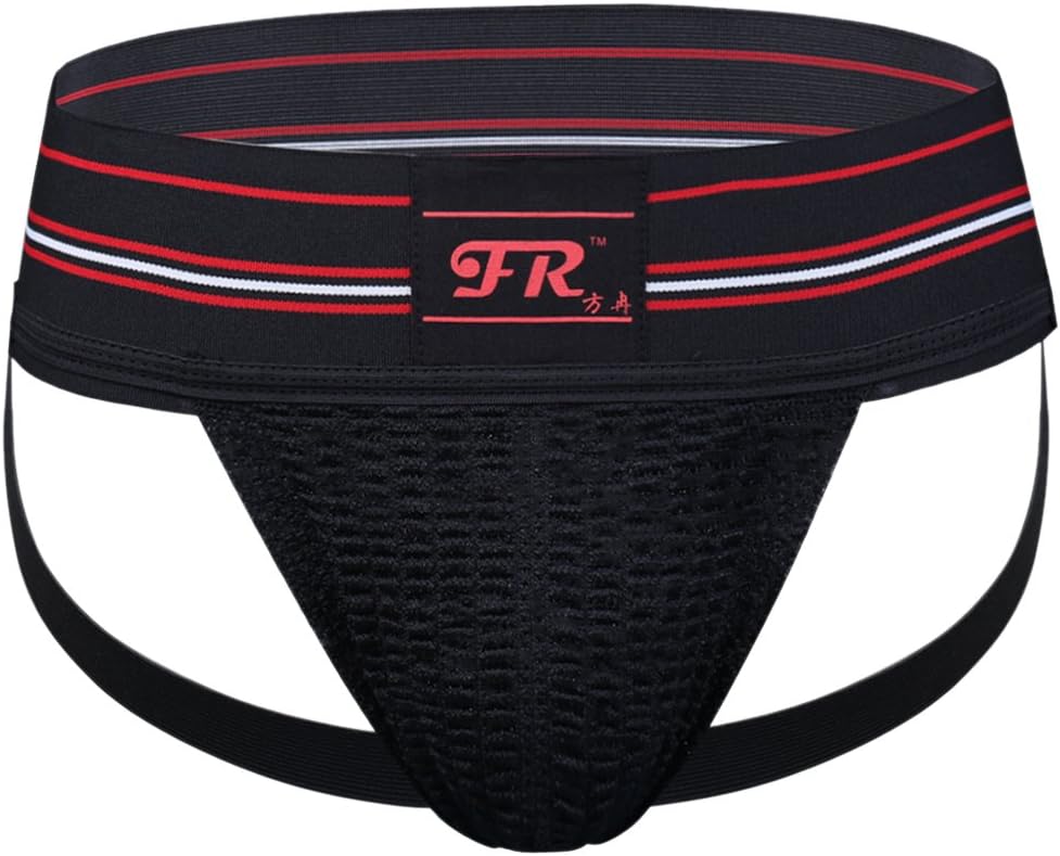 iEFiEL Men Wide Waistband Athletic Supporter Jockstrap Breathable Underwear Black with Red XL (Waistline 35-51")