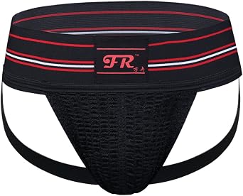 iEFiEL Men Wide Waistband Athletic Supporter Jockstrap Breathable Underwear Black with Red S Waistline 27.5-39"