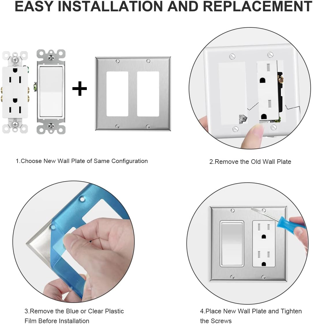 2 Gang Decorator Outlet Covers Double Switch Plate Metal Rocker Wall Plate, Stainless Steel Receptacle Outlet Covers for Light Switches, Dimmers, GFCI, Receptacle, USB Outlet, 5-Pack