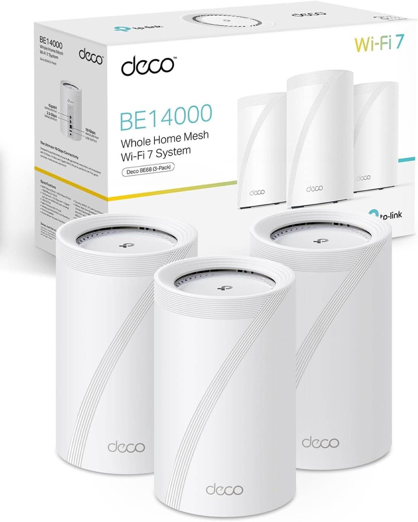TP-Link Deco BE68 (3-Pack) - WiFi 7 Mesh BE14000 Tri-Banda, Router Mesh 10Gbps, Cobertura hasta 700 m², MLO, 320MHz, Banda 6 GHz, Roaming Inteligente, Compatible Alexa