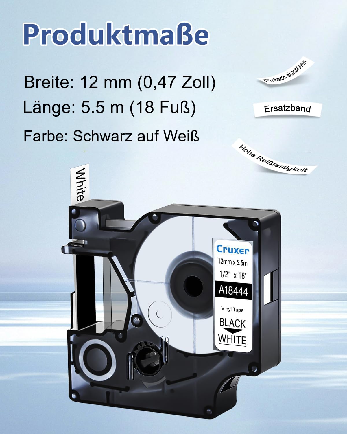Cruxer 30-Pack Ersatz für Dymo Rhino IND 18444 Schwarz auf Weiß 12 mm | 5,5 m IND Vinyl Etiketten, Kompatibel mit Dymo Rhino 1000 3000 5000 5200 4200 6000 6500 ILP219 3M PL150 Etikettendrucker