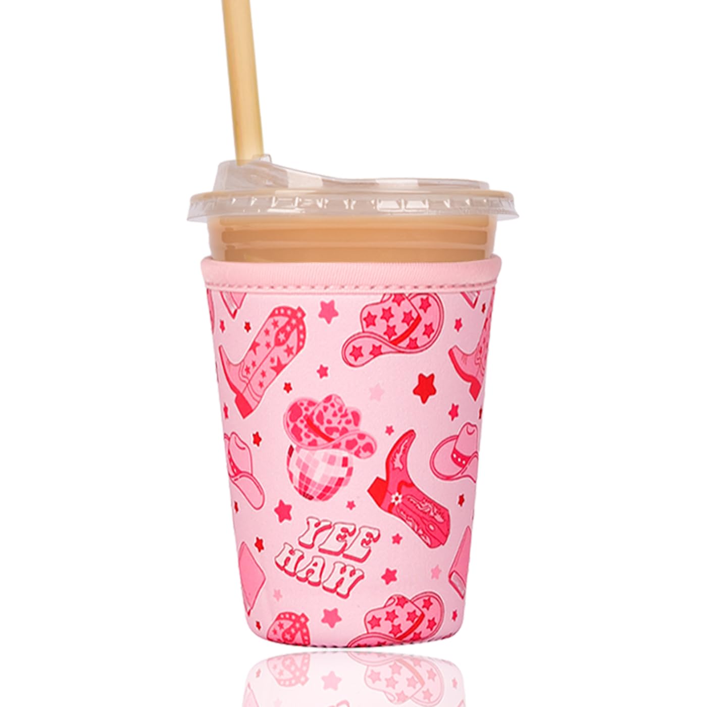 Reusable Insulated Sleeve for Iced Coffee Cup, Coffee Neoprene Sleeve for Cold &amp; Hot Drinks, Beverage Holder for Iced Coffee (Pink Cowgirl, Small: 16-18oz)