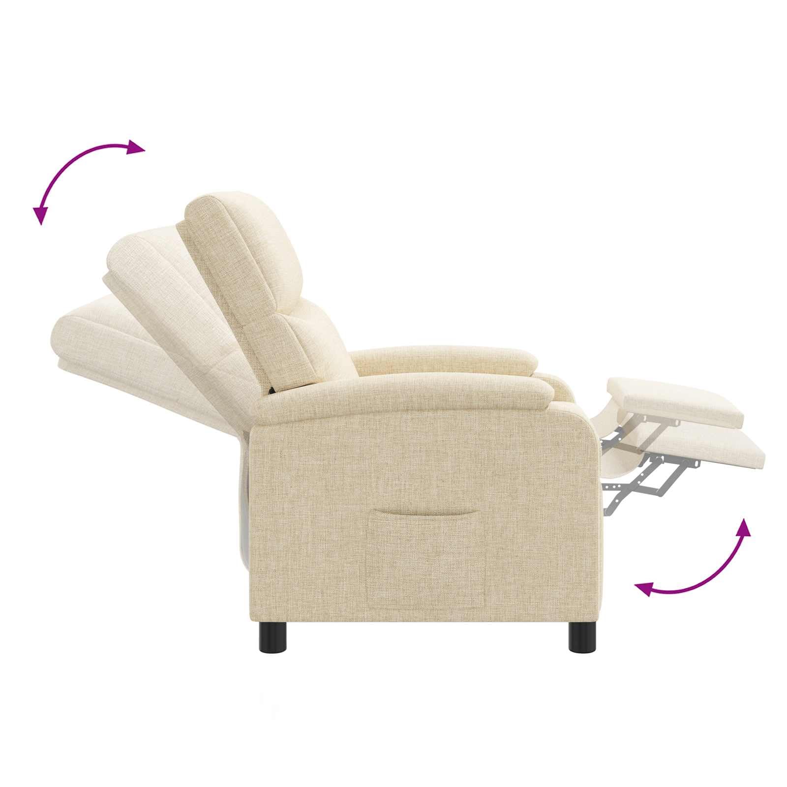 Poltrona relax in tessuto crema, regolabile 115-160 gradi, metallo e legno