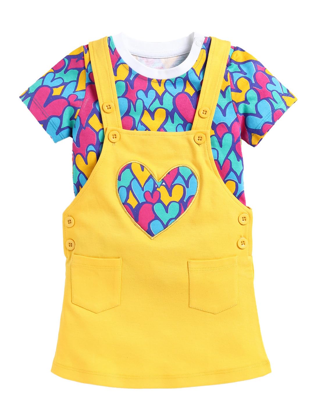 KothariSweety pie Gold 100% Cotton Single Jersy & Interlock Dungaree Set for Girls - Multi/Gold (SPEG 7880)