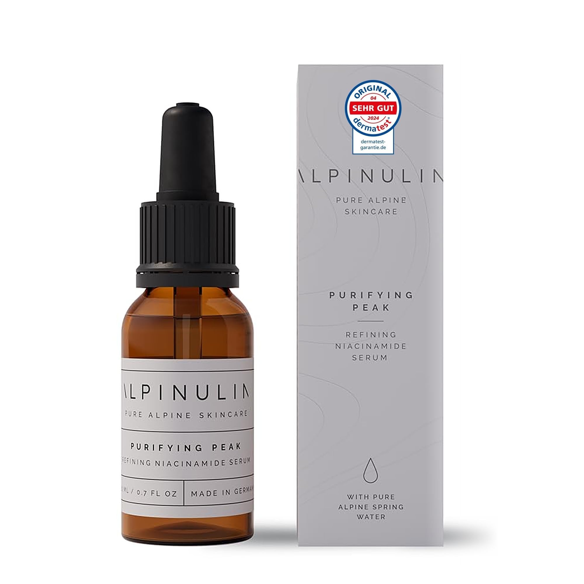 ALPINULIN Purifying Peak Niacinamide siero 20 ml vegano – siero per la cura della pelle impura con niacinamide, acido ialuronico, zinco PCA, estratto di rosa alpina ed estratto di stella alpina