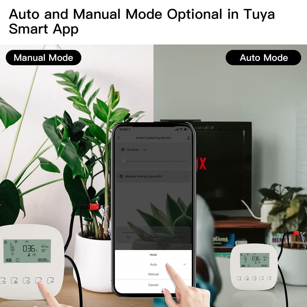 Tuya WiFi Programador de Riego por Microgoteo Compatible con Alexa Google,Geevorks Programable Semanal 5+1+1,Alimentación USB o Solar,Bomba de Riego Dual,Pantalla LED,para Riego de Jardín
