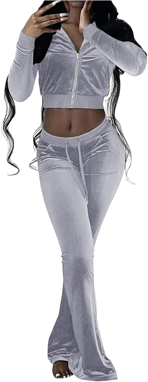 Ladies Fashion Casual Solid Color Velvet Two-Piece Slim Sports Suit Long Sleeve Zipper Top Pants With Pockets Maternity : Clothing, Shoes & Jewelry