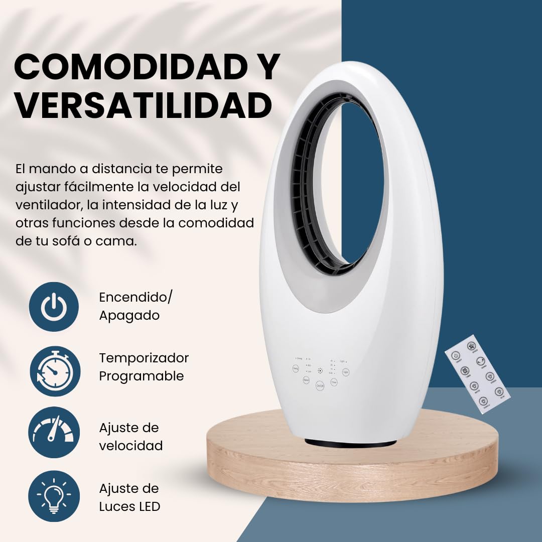 Max Star Ventilador sin Aspas con Mando a Distancia 3 Velocidades Purificador de Aire Oscilante Temporizador Luces LED Silencioso y Potente Hogar Oficina Dormitorio