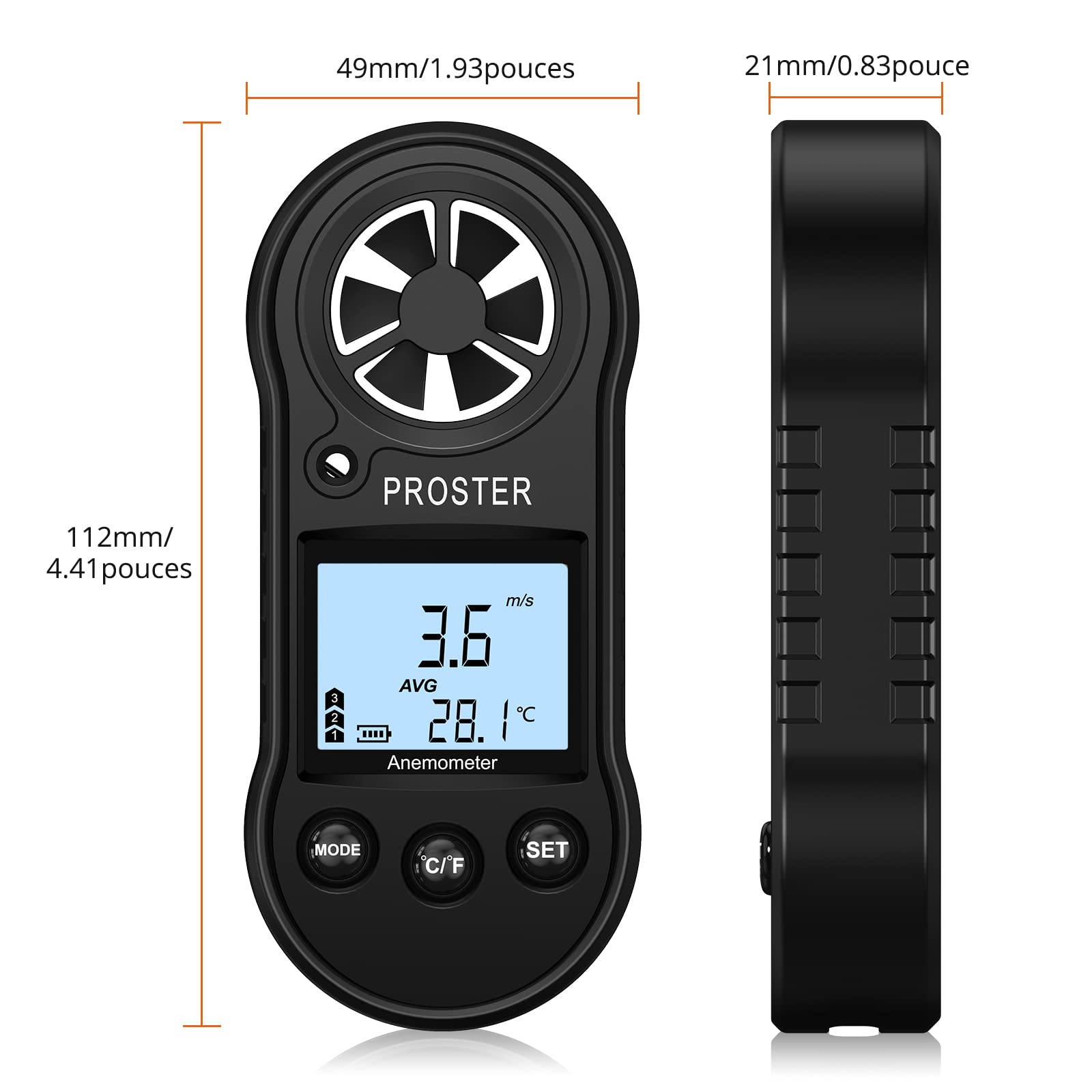 Proster Anémomètre Portable Numérique 5 Unités Écran LCD Anemometre sans Fil Mesure de Vitesse Température Vent pour Planche à Voile Randonnée Météorologie Marine Activités de Plein Air