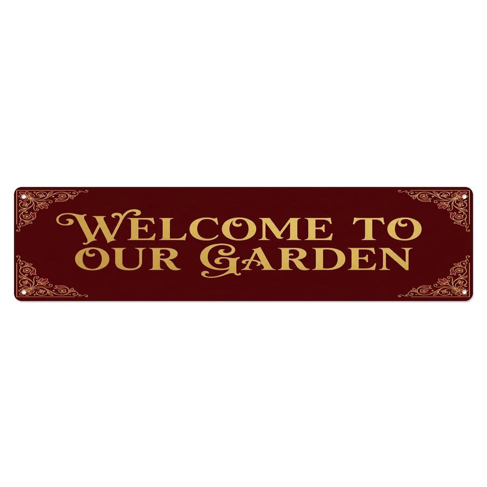 Vintage Welcome to Our Garden Maroon Metal Tin Sign