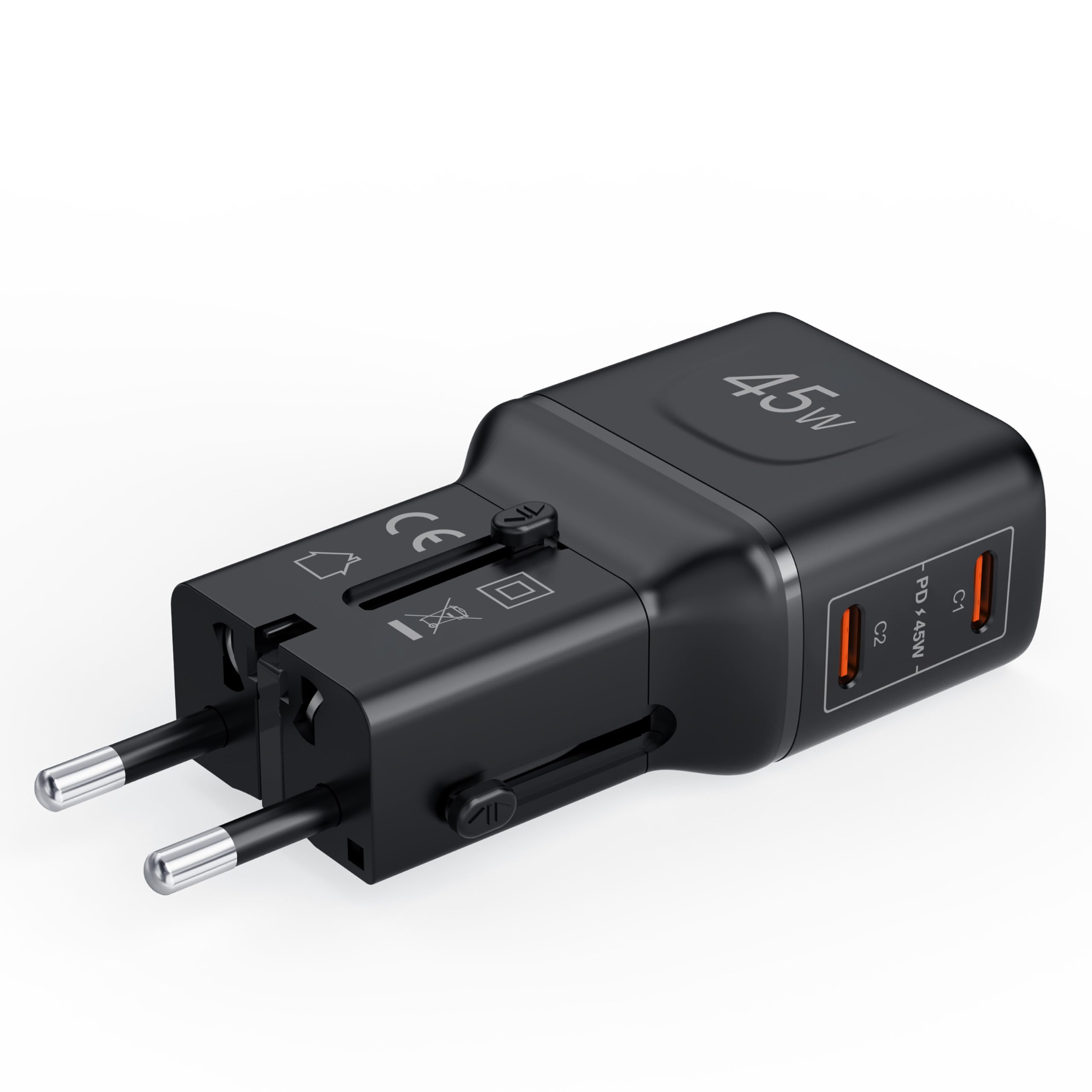 Celly – Adattatore da Viaggio Universale 45W con Doppia Porta USB-C, Compatibile 150+ Paesi, Ricarica Rapida, Design Slim e Sicuro