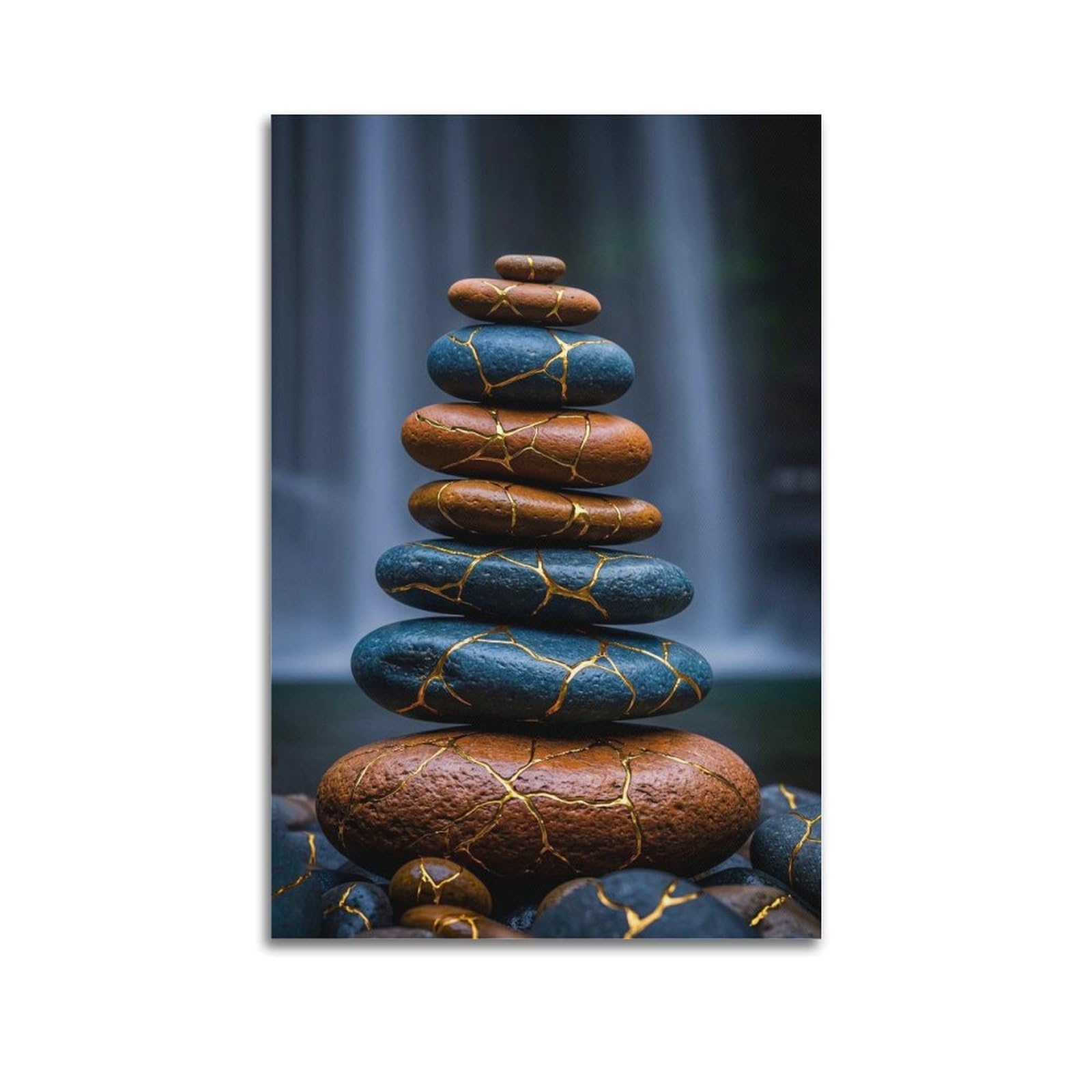 XKUGA Zen Healing Poster Kintsugi Pebble Waterfall Balance Meditation Modern Decorative Canvas Prints - Ideal Wall Art for Family, Man Cave, Game Room, Boys & Girls Bedroom 20x30inch(50x75cm)