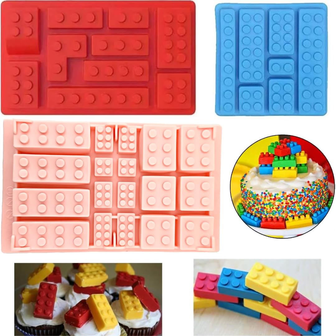 3 PCS 7 10 &18 Cav Lego Silicone Moulds for Baking Hot Chocolate Candy Gummy Jello Cookie Ice Cube Cream Toy Theme Cake Decoration Cupcake Topper Clay Resin Candle Soap for Kids (PACK OF 3)