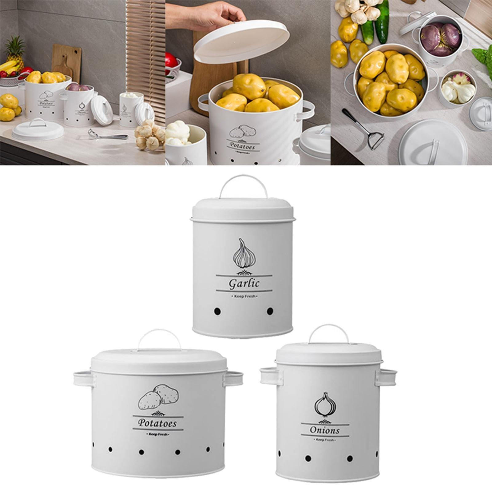 3er Set Zwiebel Aufbewahrungsgläser, Vorratsdosen Set, Fassungsvermögen: 1–2 Stück, lichtgeschützt, für optimale Frische von Kartoffeln und Zwiebeln