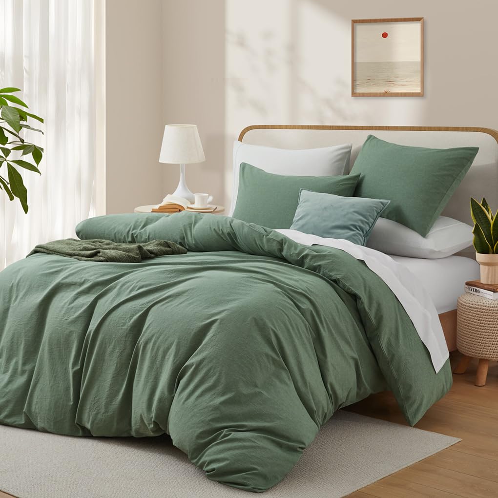 Monbix Set trapunta queen size, verde oliva, set di biancheria da letto per letto queen size, reversibile, set di 7 pezzi, tintura cationica in una borsa con piumone, lenzuola, federe e federe