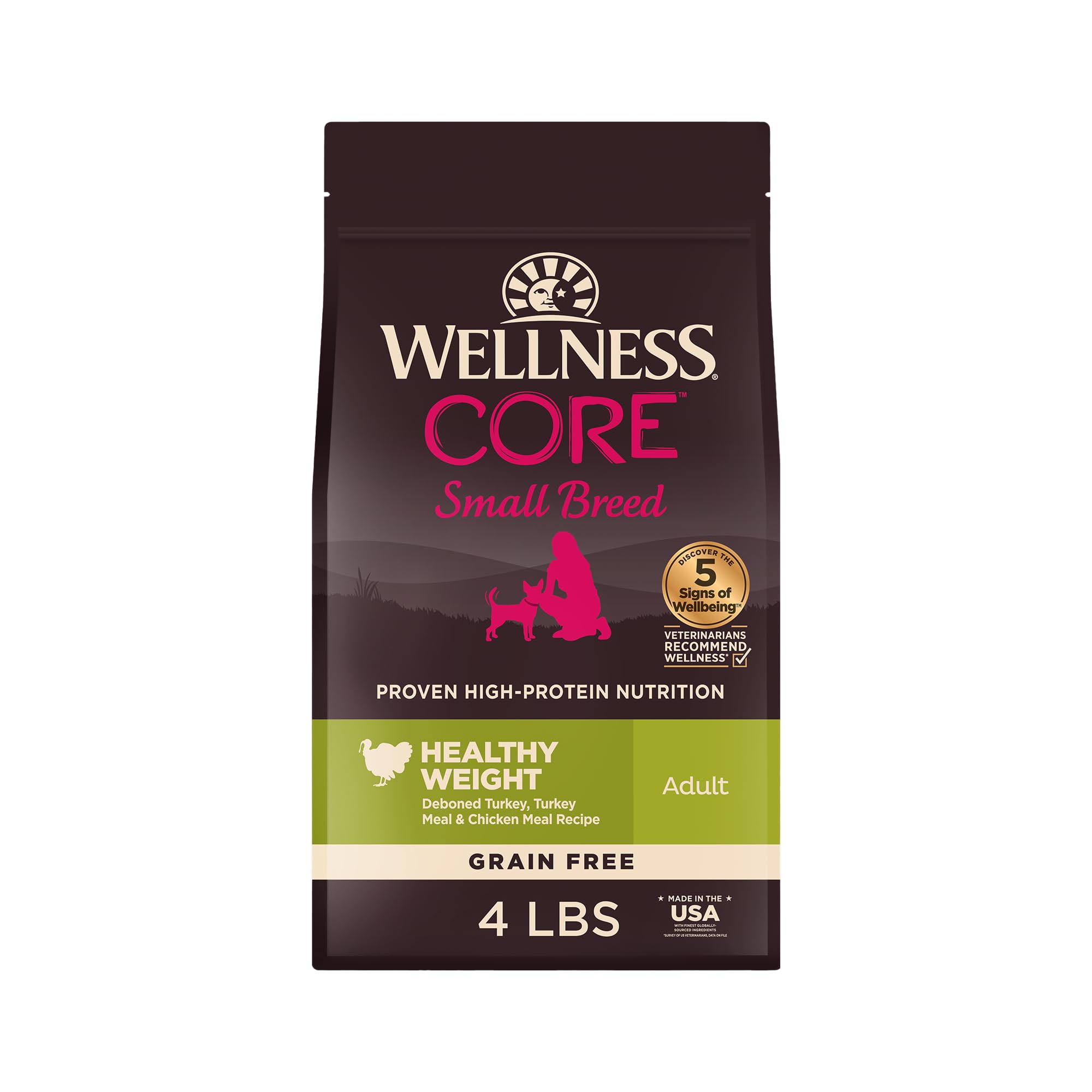 Wellness CORE Dry Dog Food, Small Breed, Grain-Free, High Protein, Natural, Healthy Weight Turkey & Chicken Recipe, (4-Pound Bag)