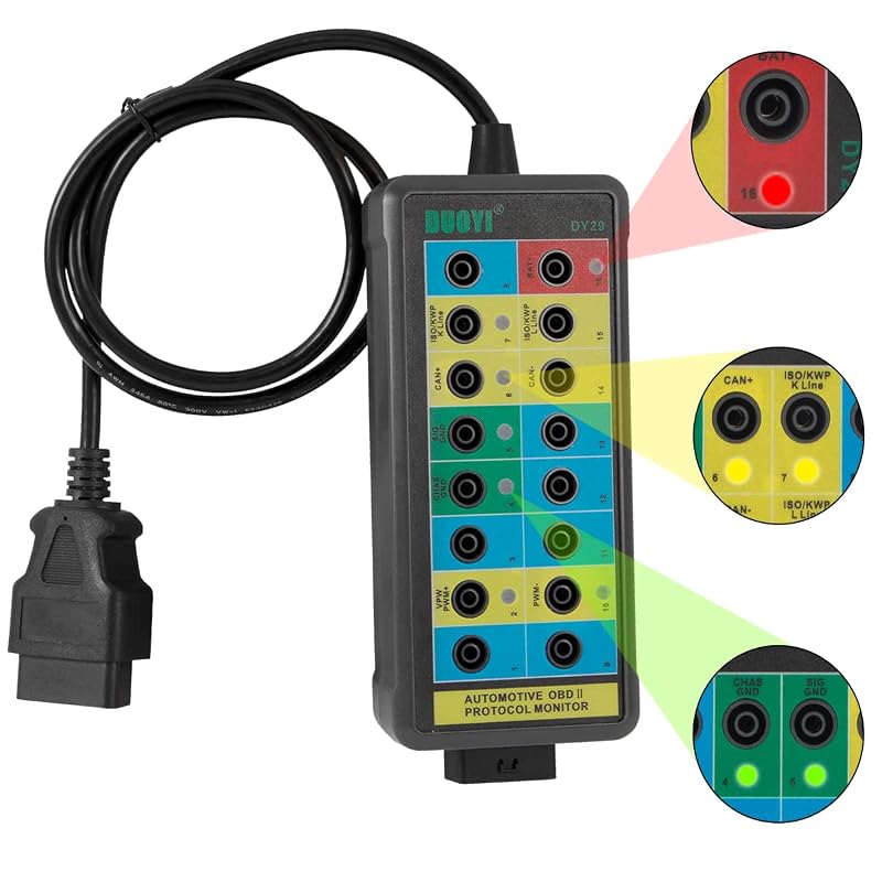 Caixa de derivação OBD2 DUOYI com indicador LED, detector de protocolos CAN bus, K-line, L-line e PWM, conectores macho e fêmea, cabo de 90 cm
