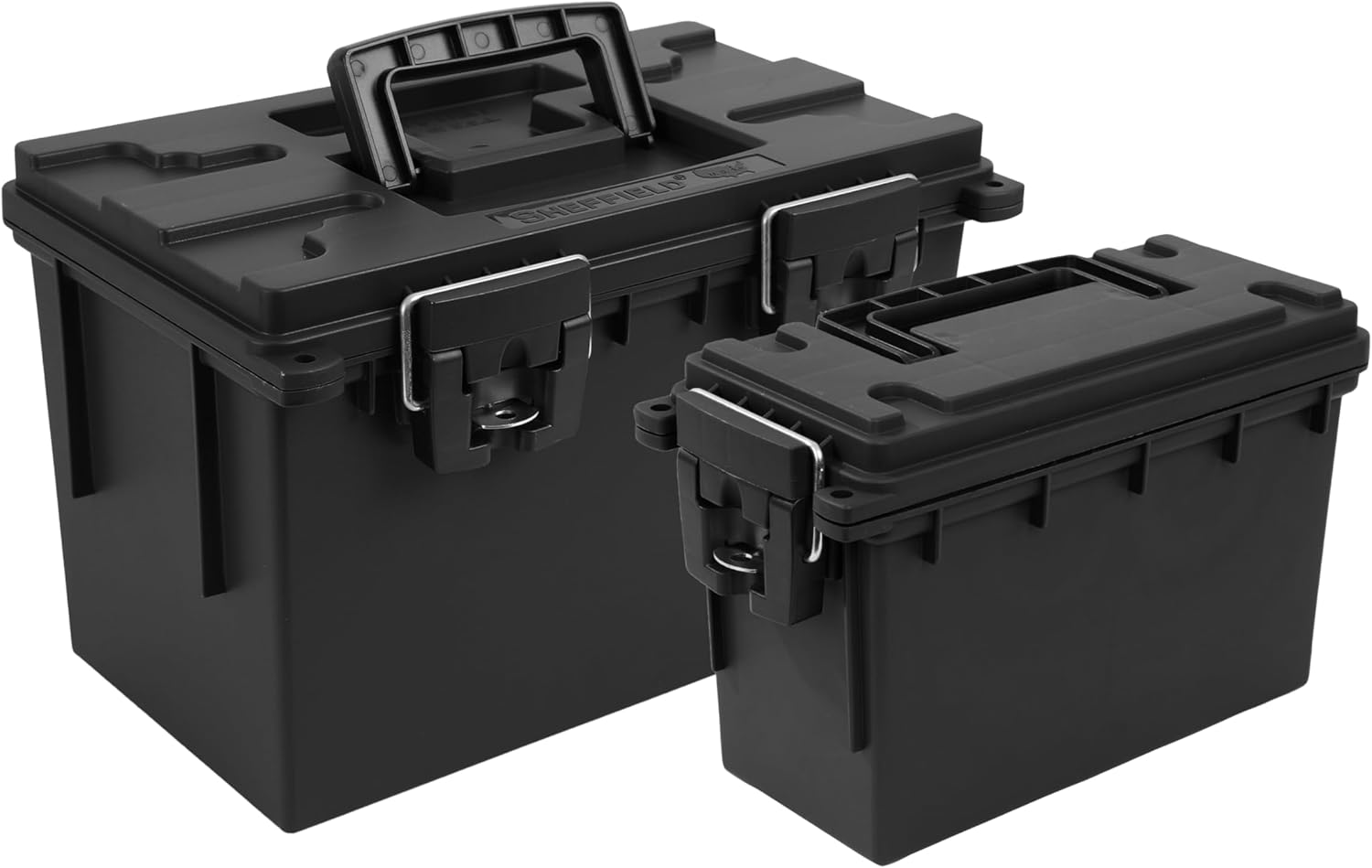 Sheffield 12706 Storage Bins With Lids, 2-Pack Stackable Storage Bins, Made in USA, Lockable and Water-Resistant Containers with Lids, Plastic Containers for Home, Classroom, and Dorm Black Combo 2-Pack