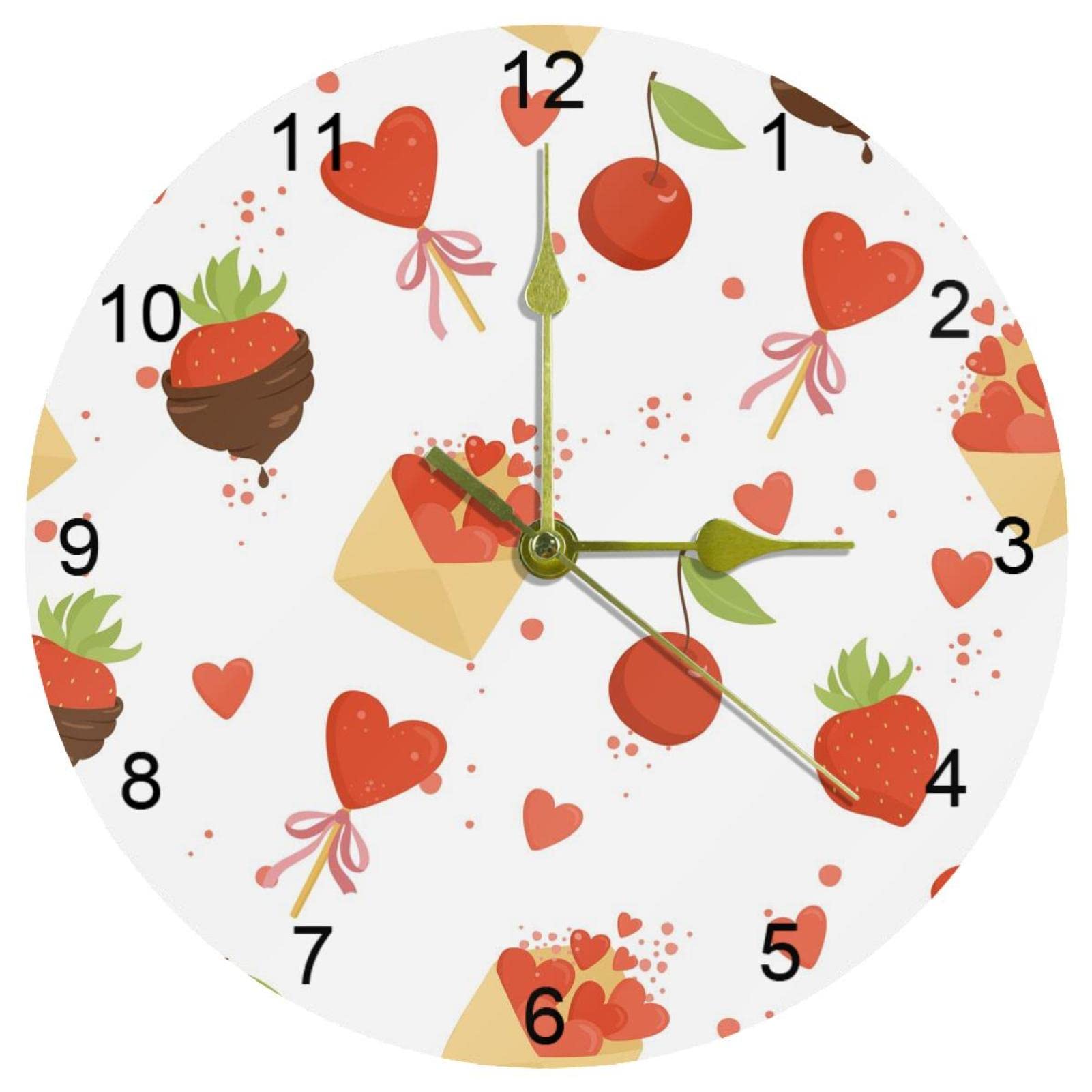 Horloge murale cœur cerise 25cm silencieuse et ronde pour cuisine