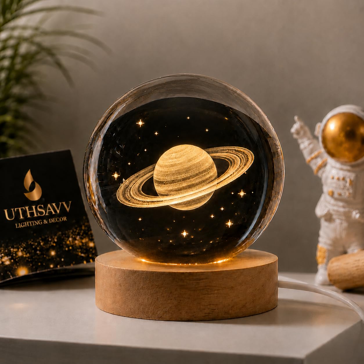 Saturn Crystal Ball Lamp with Wooden Base | 3D Laser Engraved, Warm LED Light, USB Powered, Bedside Night Lamp, Space Theme Decor-image-44