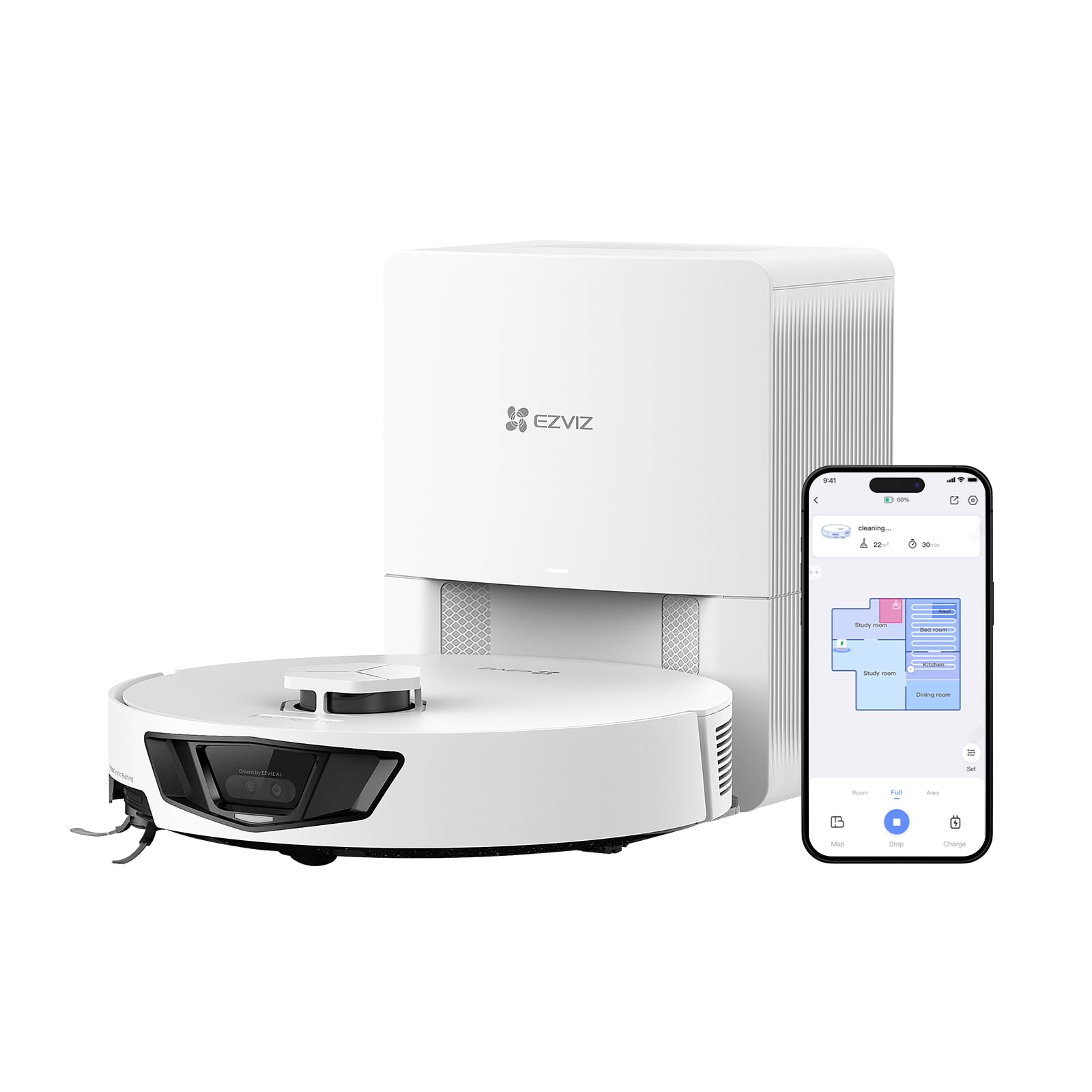 EZVIZ RE7 Edge Robot Aspirador y Friegasuelos, Base Autovaciado, Succión 13000 Pa, Evitación Obstáculos, Bolsa de Polvo 4L, MopExtra & MopVibra, Compatible con Alexa/Google/Siri, Para alfombra/mascota
