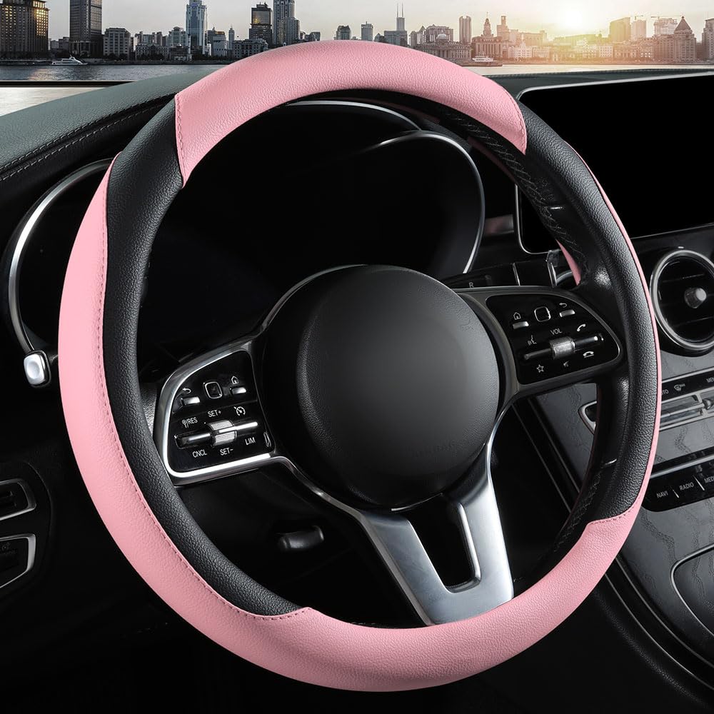 Photo 1 of Car Steering Wheel Cover, Microfiber Leather Steering Wheel Cover Universal Fit 14.5-15 inch Anti-Slip Comfortable Breathable Car Wheel Protector for Men Women,Pink
