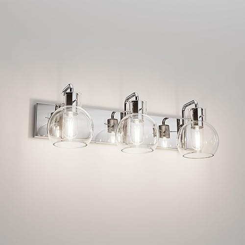 Tipace Moderna iluminación de tocador de baño, 3 luces, de acero inoxidable industrial, acabado cromado con globo de vidrio transparente,