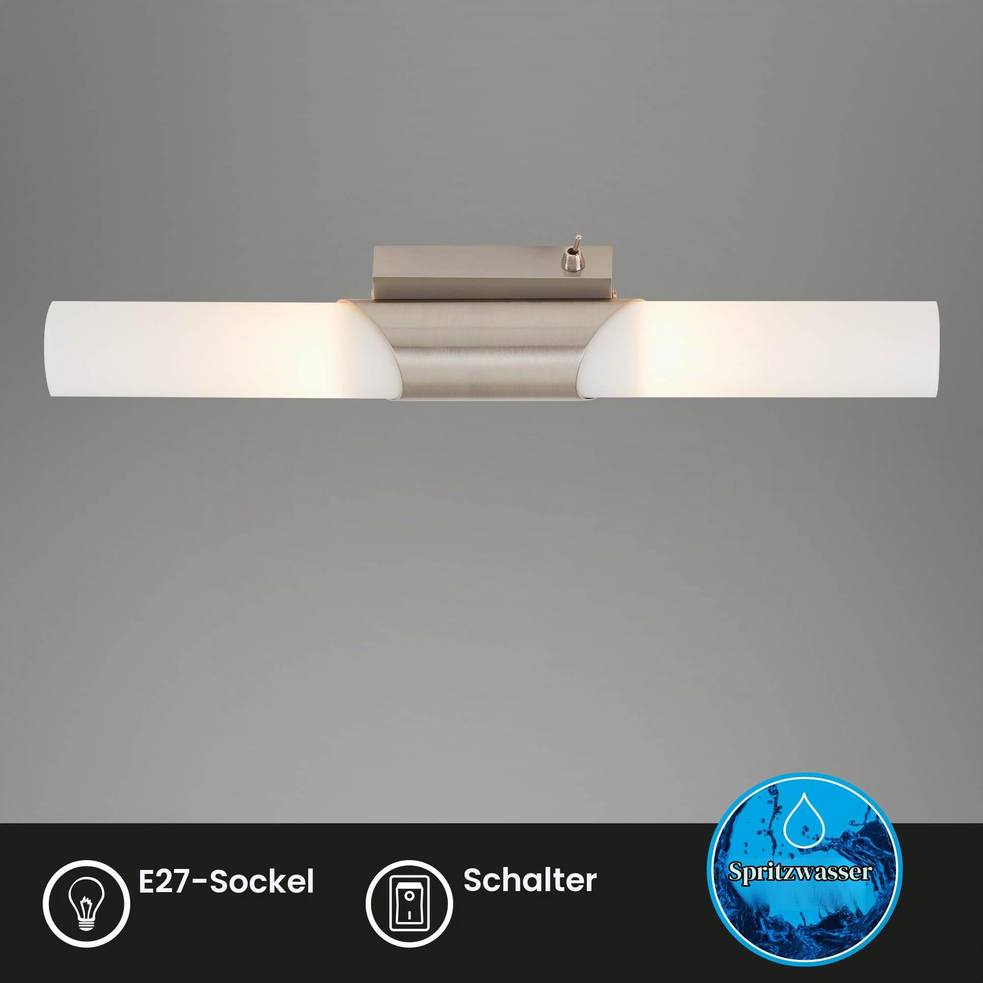 Briloner Leuchten 2125-022 Spiegelleuchte Wand, Spiegellampe mit Schalter, Halogen max. 40W, E14, Länge: 43.5 cm, Farbe: nickel-matt, weißes Milch-Glas (Durchmesser: 5 cm)