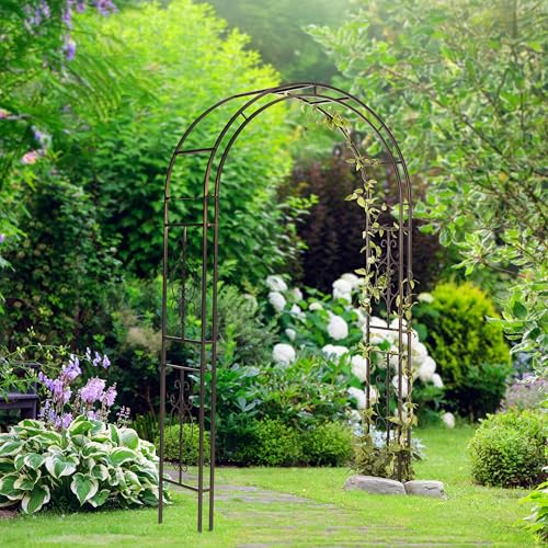 Plow & Hearth Arch Metal Outdoor Garden Arbor, 84 inches Tall, Iron Trellis Lattice for Climbing Plants, Wedding Arch, Outdoor Patio Décor (Montebello-Gunmetal)