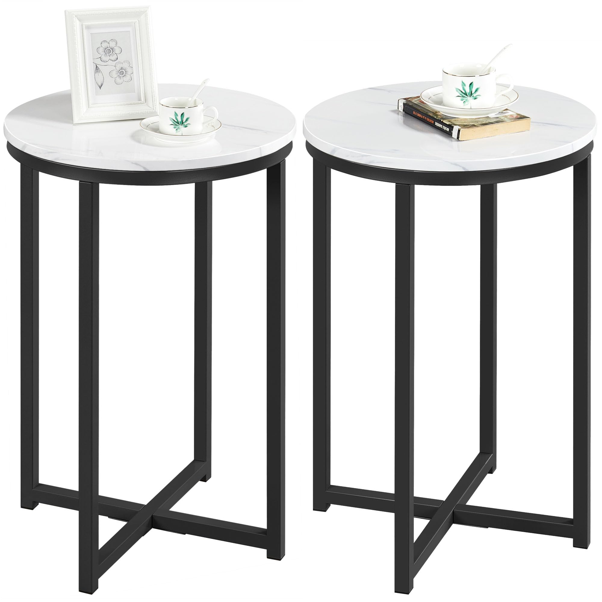 Yaheetech Round End Table Set of 2,16in Faux Marble Accent Table,Modern Side Table with Marble Top and Metal Frame,Small Coffee Table Telephone Table