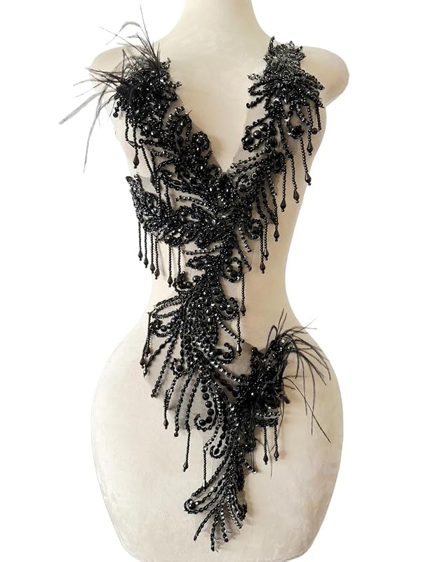 Jpumley.pksn Pure Handmade Rhinestones Beads Applique sew on Crystal Sequins lace Trim Patches Ostrich Feather Accessories for Dress Clothing Shiny Bead Decorative Material 15X9X30inches (Black) by Jpumley.pksn - Used condition - US$20.45