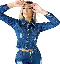 Jaqueta Jeans Feminina Azul Marinho Jeans Escuro Elegante e Casual