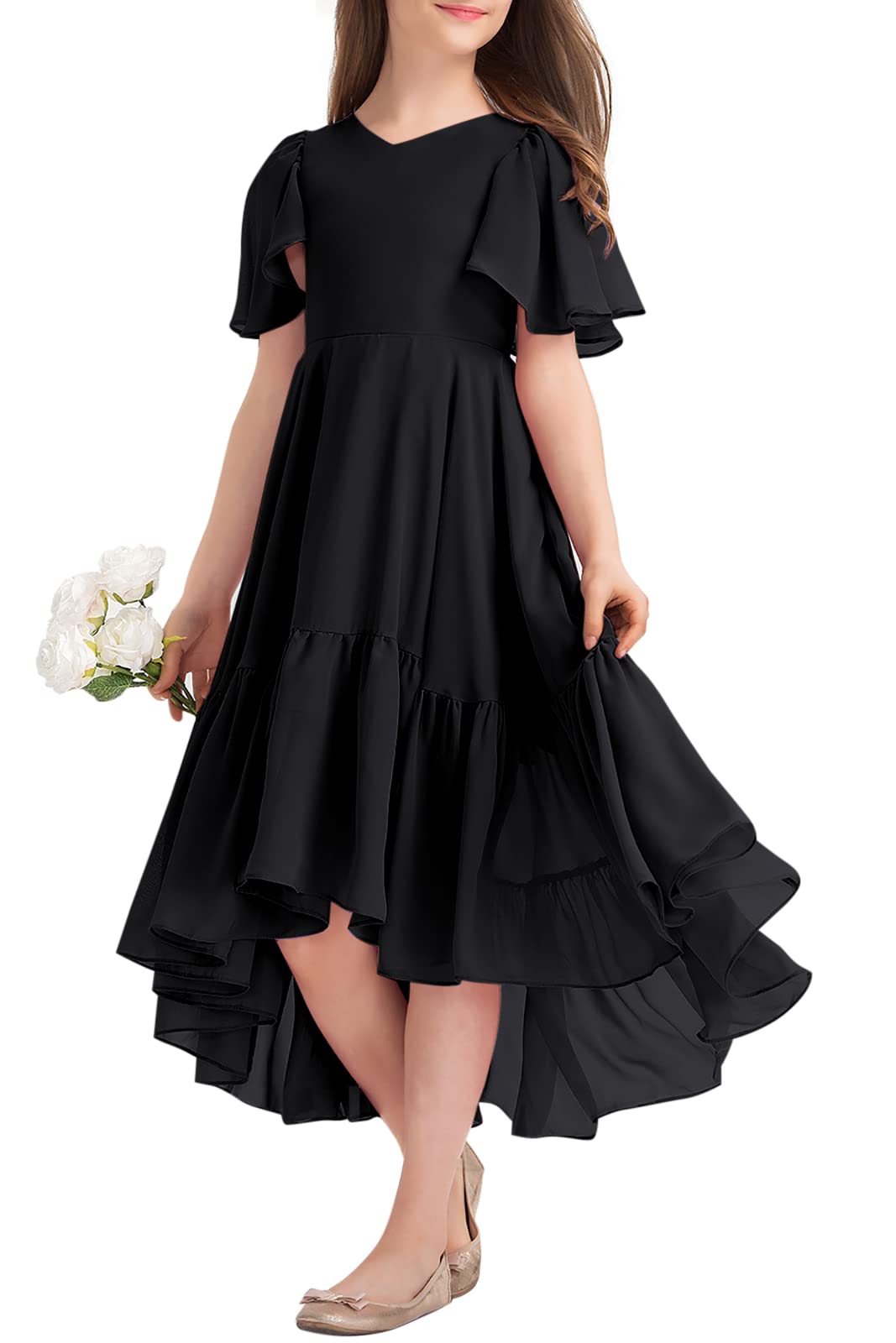 Girls Ruffle Dresses Casual A Line V Neck Short Sleeve Flowy High Low Long Maxi Junior Bridesmaid Party Dress