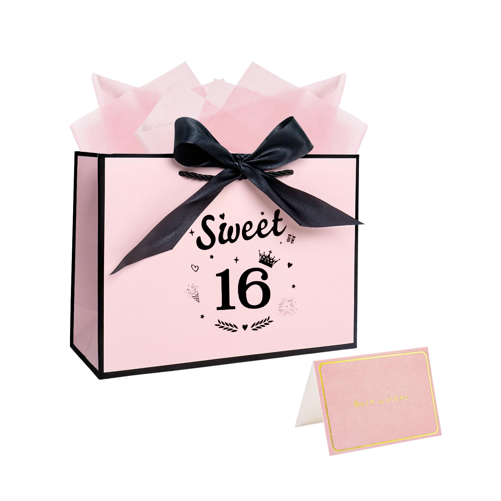 11" Sweet 16 Birthday Gift Bag for Girls, 16 Year Old Gift Bag with Tissue Paper and Card(Pink and Black) — image 1