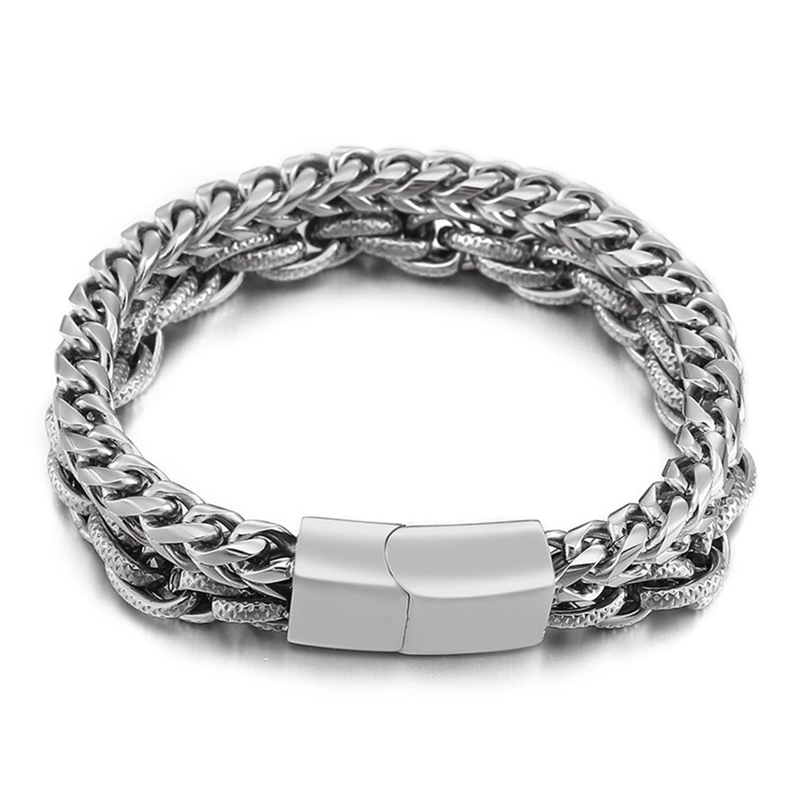 Bijoux Bracelet Homme Argent， Bracelet Cuir Homme Double Boucle Tressée Et Noeud Acier Inoxydable Bracelet 190X13mm