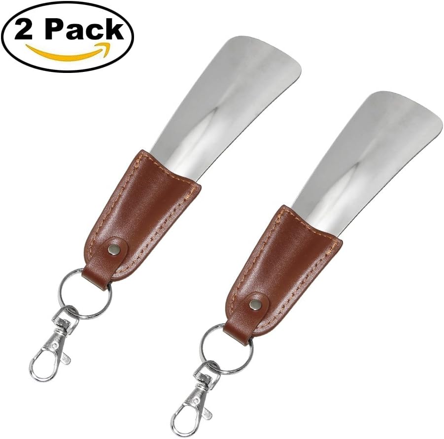 Htianc ShoeHorn, 2PCS Stainless Steel Shoe Horns with Leather for Travel, Home, 17cm Length, Silver