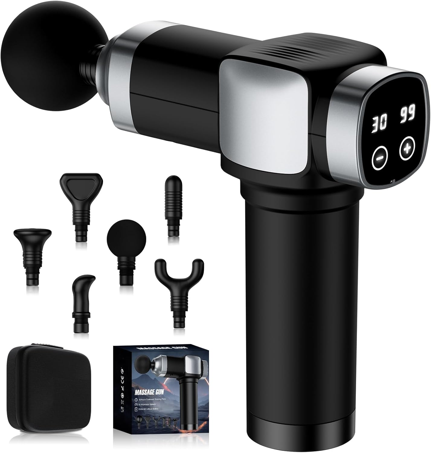 Massage Gun, Deep Tissue Massage Gun for Pain Relief, Handheld Electric Muscle Massager with 30 Speed Level 6 Massage Heads, Carrying Case, Ultra-Quiet Design Massage Gun, Deep Tissue Massage Gun for Pain Relief, Handheld Electric Muscle Massager with 30 Speed Level 6 Massage Heads, Carrying Case, Ultra-Quiet Design