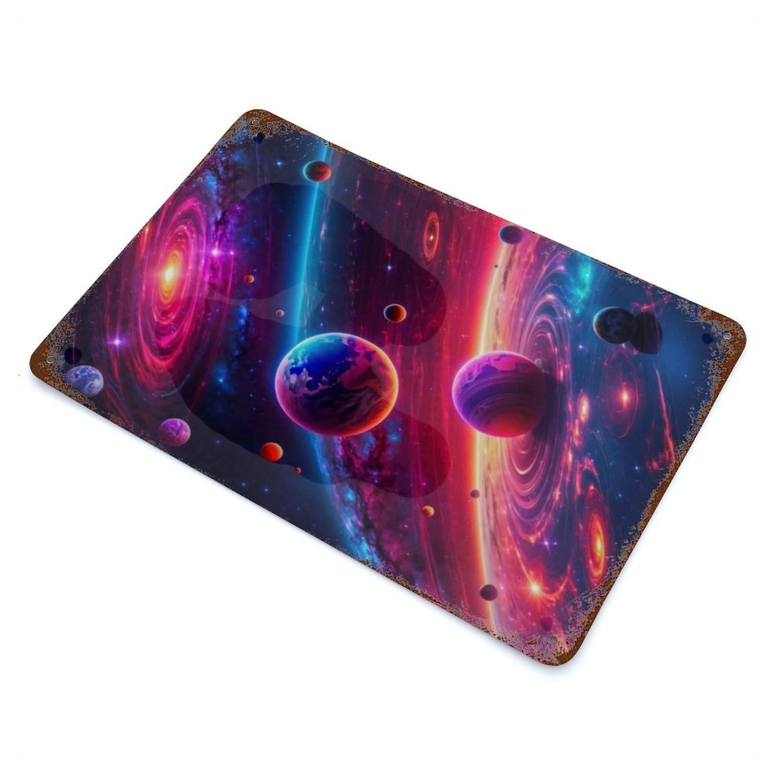 Neon Space Planets Vintage Wall Sign 11.8"x7.9", Rust Effect Metal Decor for Cafe, Home Bar And Lounge Decor