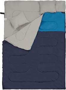 Elevon Double Sleeping Bag with 2 Pillows for Adults, Queen Size XL Sleeping Bag Waterproof, Compact with Compression Sack, 2 Person Sleeping Bags for 3-4 Seasons Camping, Backpacking, Hiking, Travel