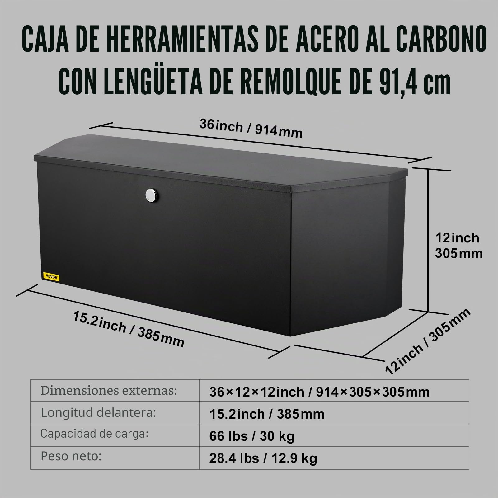 VEVOR Caja de Herramientas para Remolque Caja de Herramientas 914 x 305 x 305 mm para Remolque de Acero al Carbono Resistente con Cerradura y Llaves Resistente a la Intemperie para Mudanzas