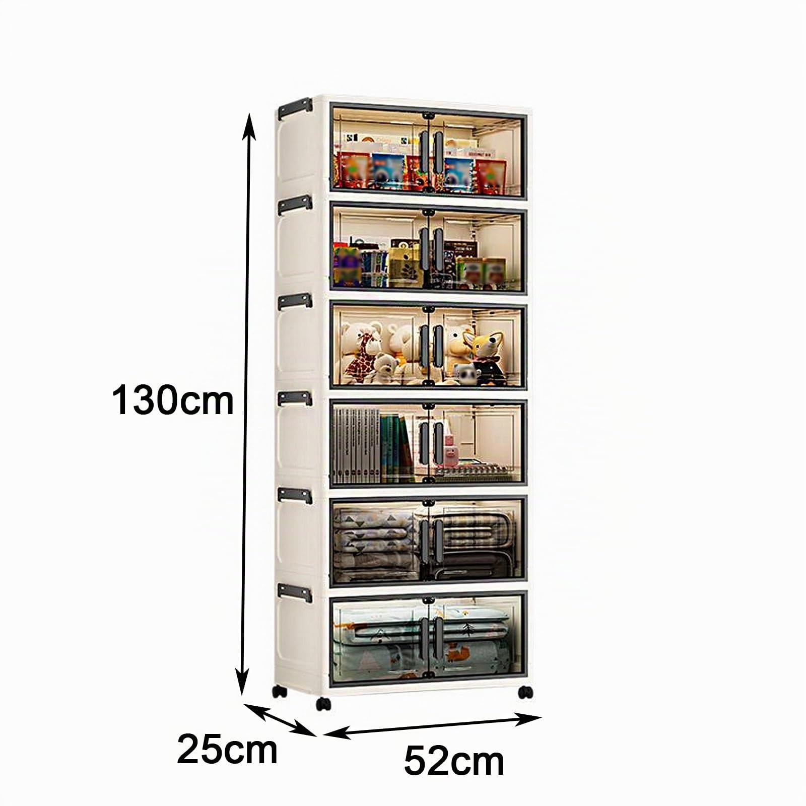 6 Ebenen Aufbewahrungsboxen Stapelbar Schrank mit Rädern Faltbar Aufbewahrungsschrank mit Deckel und Magnettür für Büro Küche Wohnzimmer(52 * 25 * 130cm)